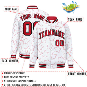 Custom White Red Varsity Full-Snap Star Pattern Letterman Baseball Jacket