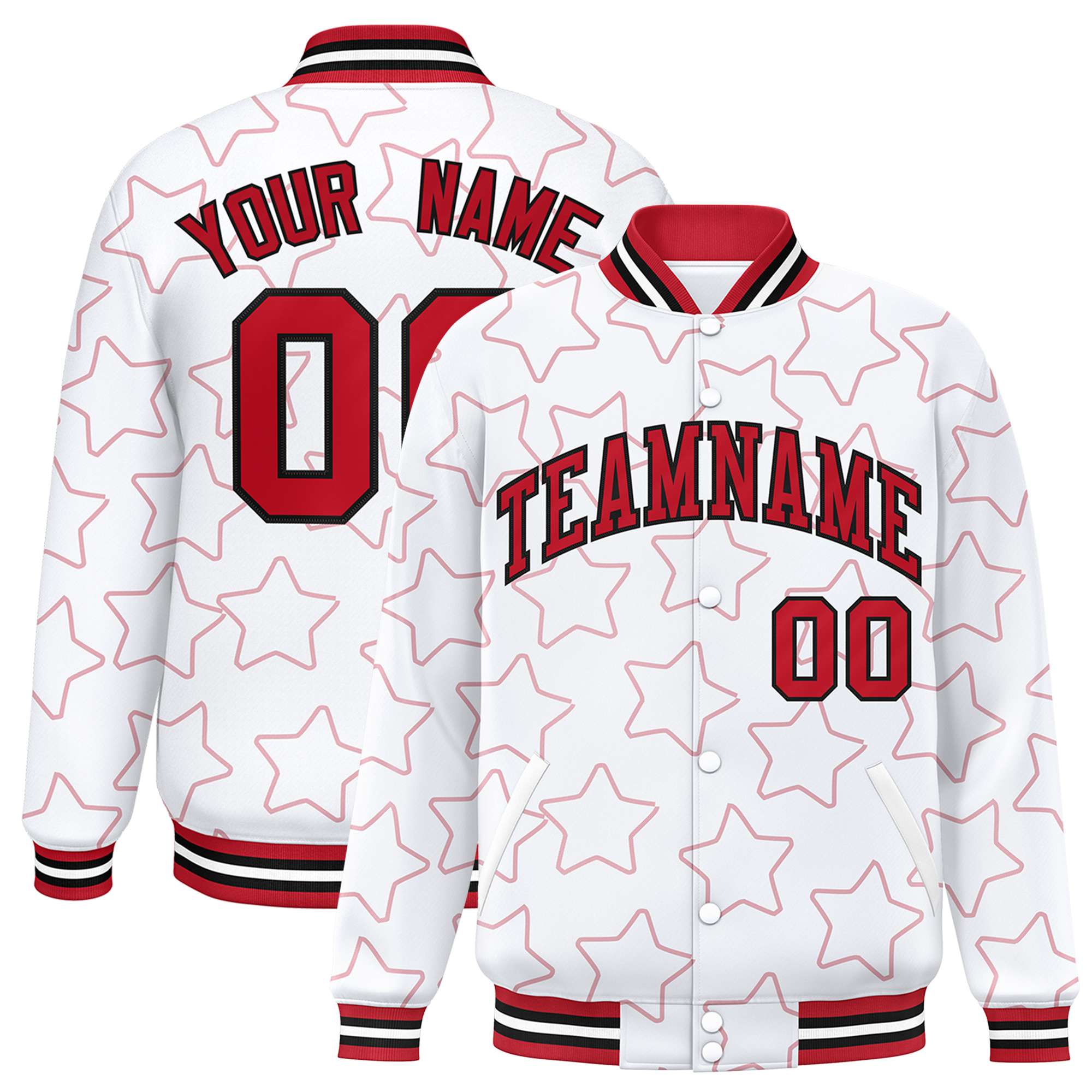 Custom White Red Varsity Full-Snap Star Pattern Letterman Baseball Jacket