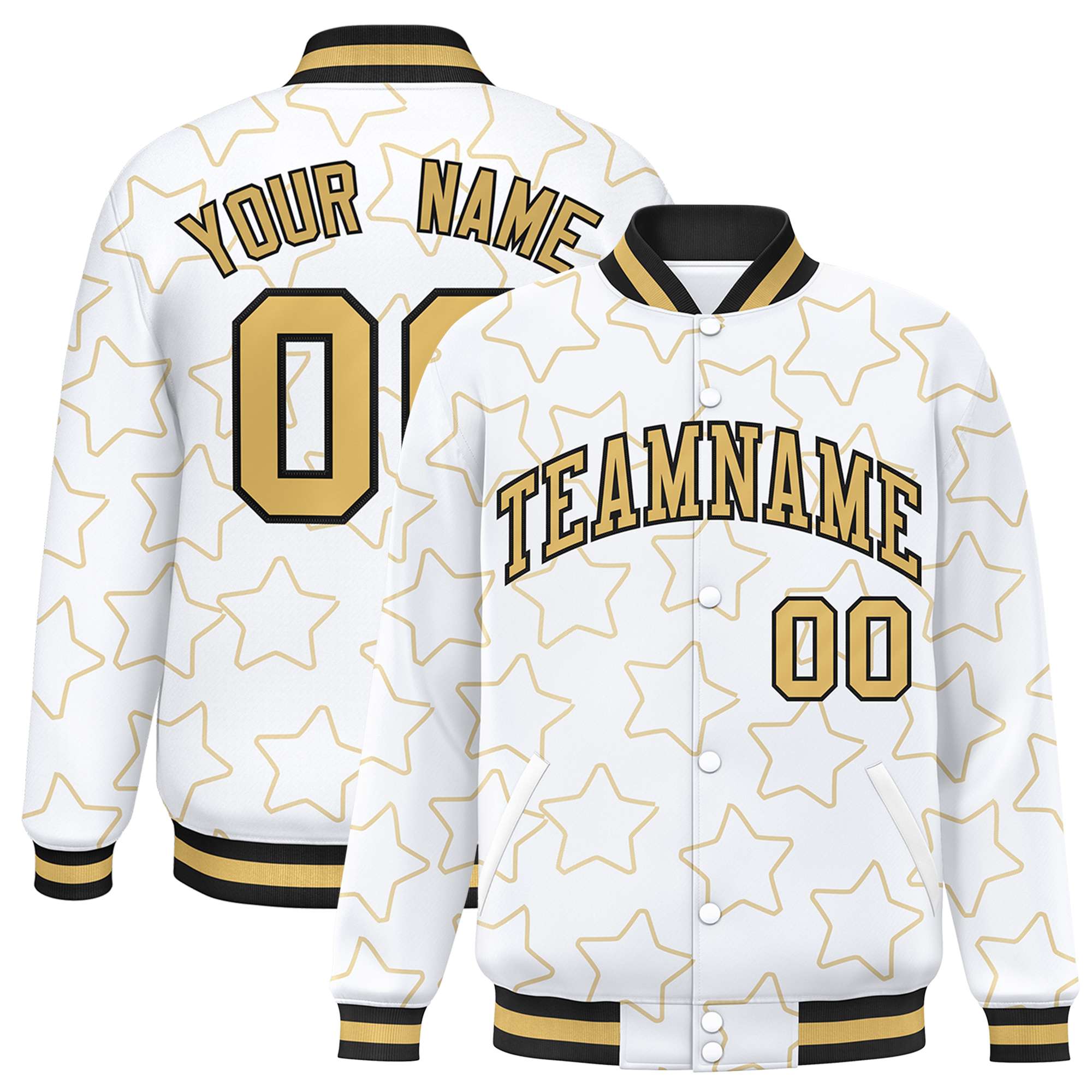 Custom White Old Gold Varsity Full-Snap Star Pattern Letterman Baseball Jacket