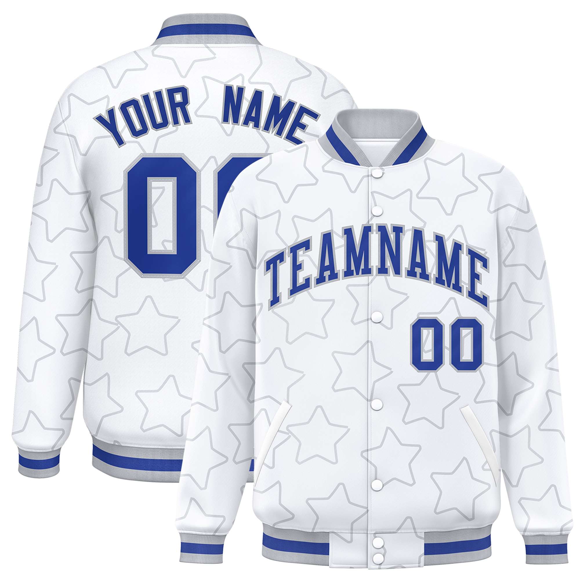 Custom White Gray Varsity Full-Snap Star Pattern Letterman Baseball Jacket