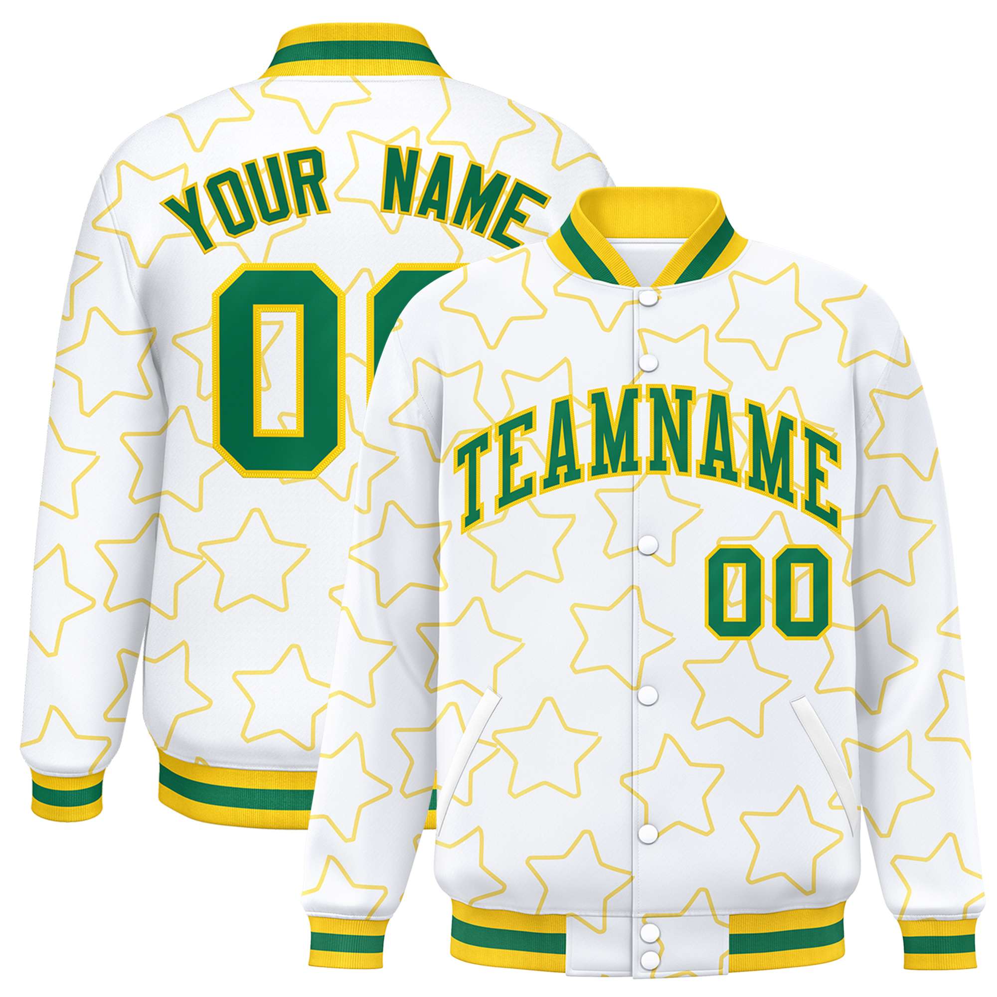 Custom White Gold Varsity Full-Snap Star Pattern Letterman Baseball Jacket