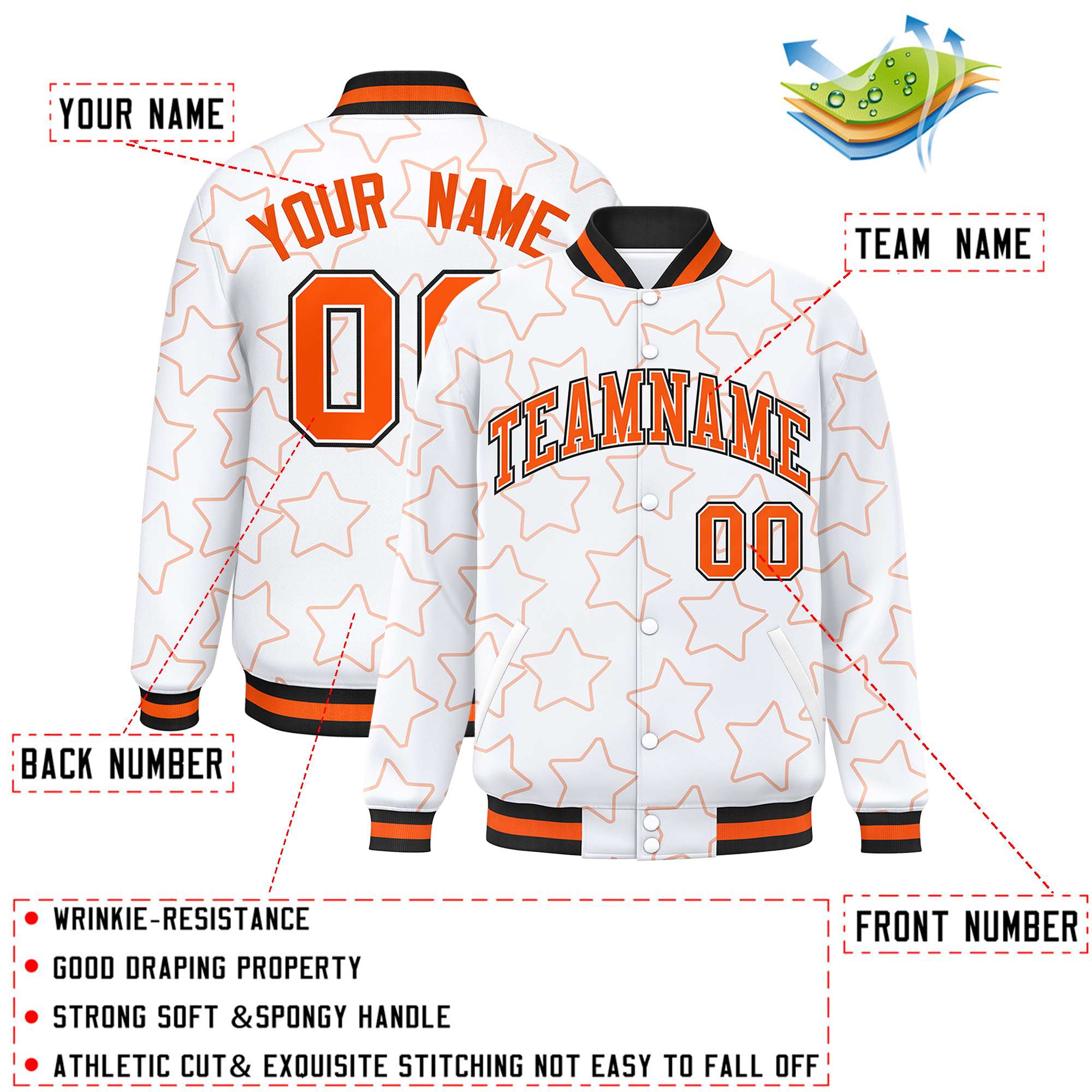 Custom White Orange Varsity Full-Snap Star Pattern Letterman Baseball Jacket