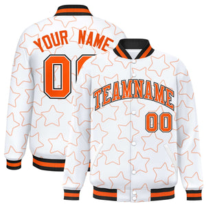 Custom White Orange Varsity Full-Snap Star Pattern Letterman Baseball Jacket