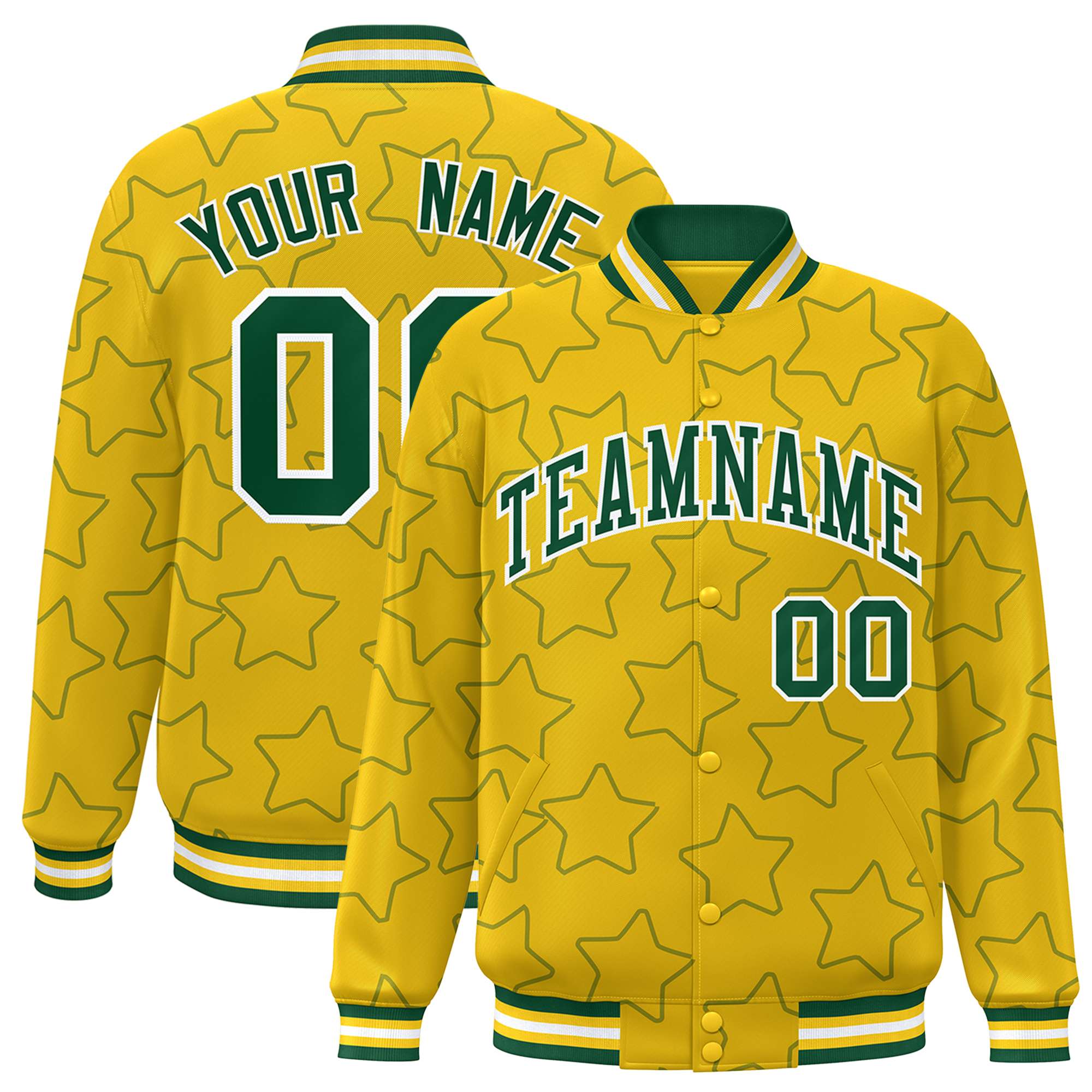 Custom Gold Green Varsity Full-Snap Star Pattern Letterman Baseball Jacket