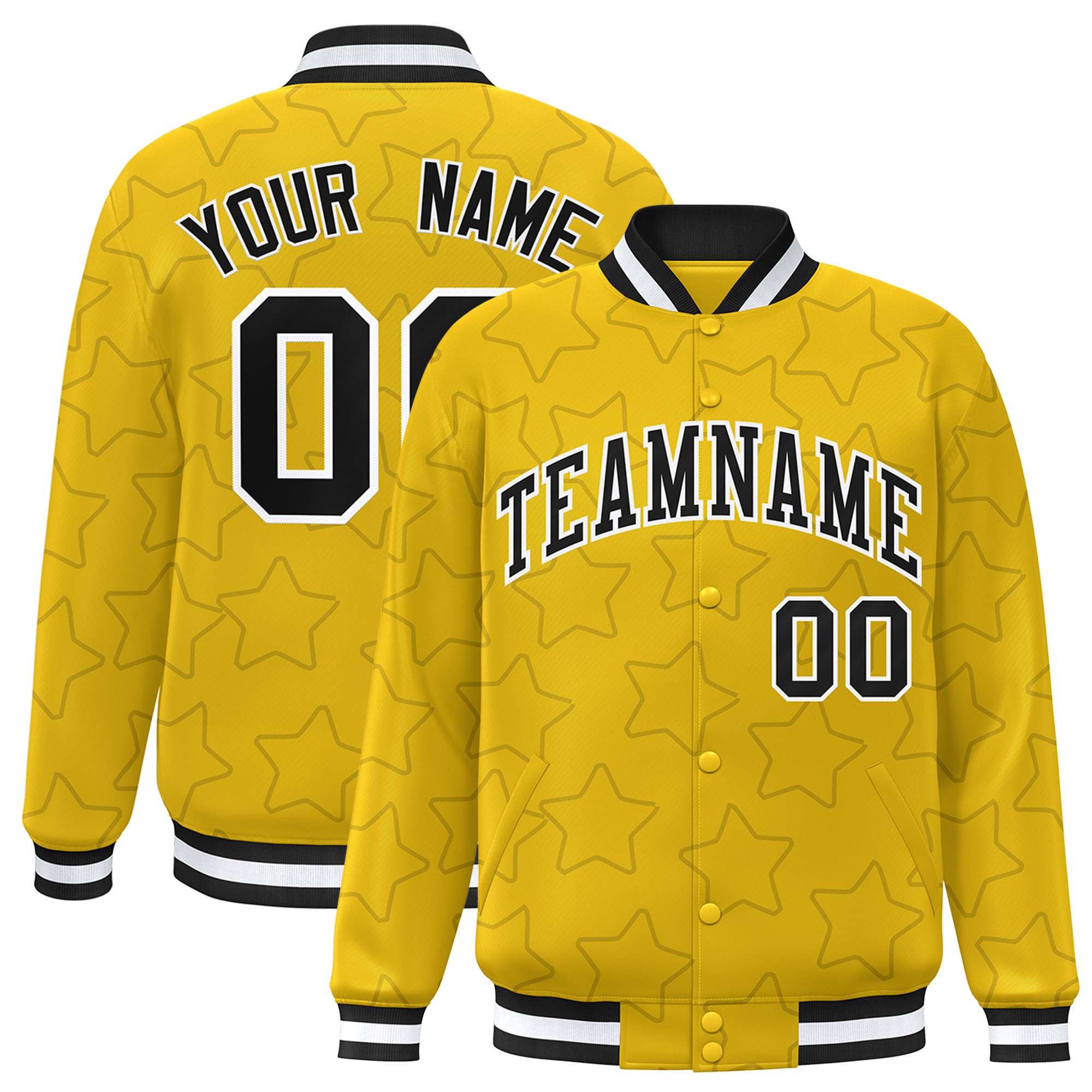 Custom Gold Black Varsity Full-Snap Star Pattern Letterman Baseball Jacket