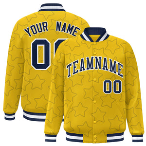 Custom Gold Navy Varsity Full-Snap Star Pattern Letterman Baseball Jacket