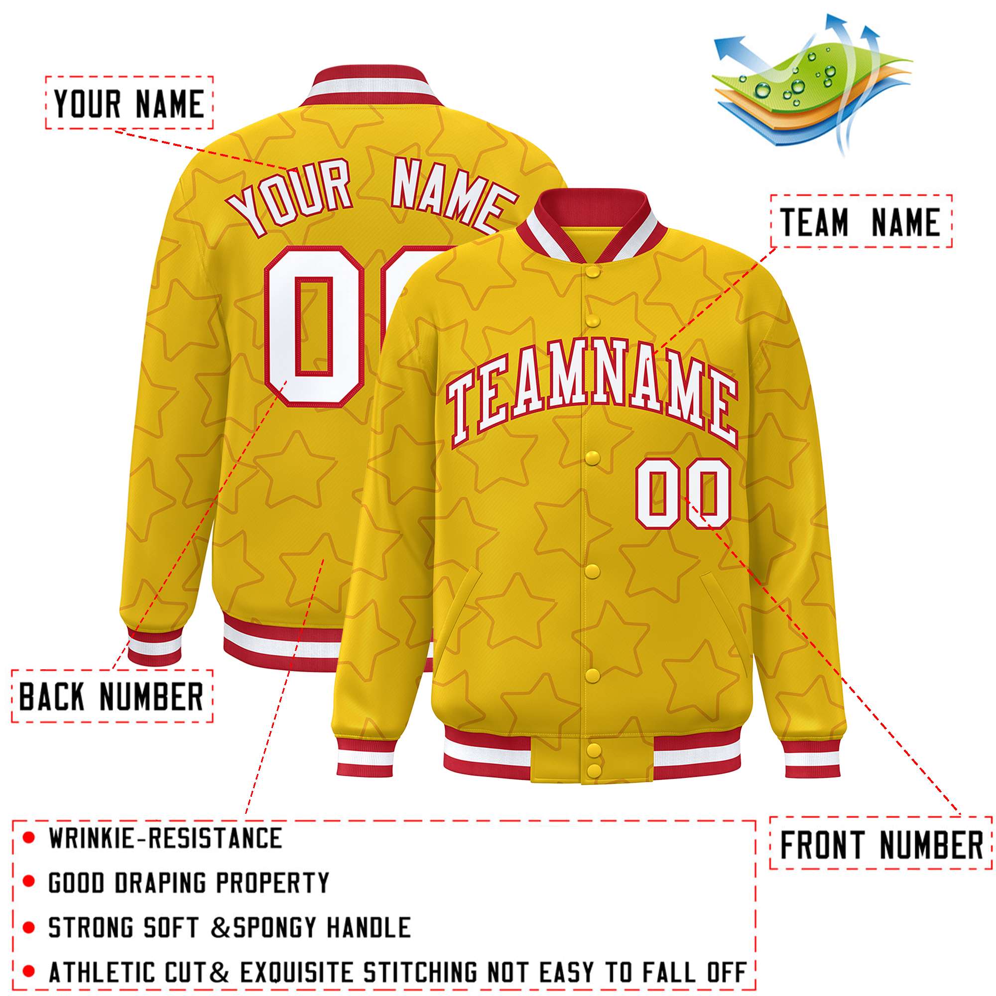 Custom Gold Red Varsity Full-Snap Star Pattern Letterman Baseball Jacket