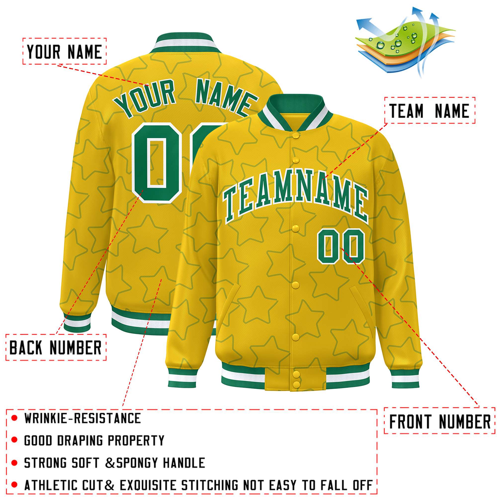 Custom Gold Kelly Green Varsity Full-Snap Star Pattern Letterman Baseball Jacket