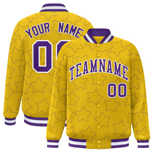 Custom Gold Purple Varsity Full-Snap Star Pattern Letterman Baseball Jacket