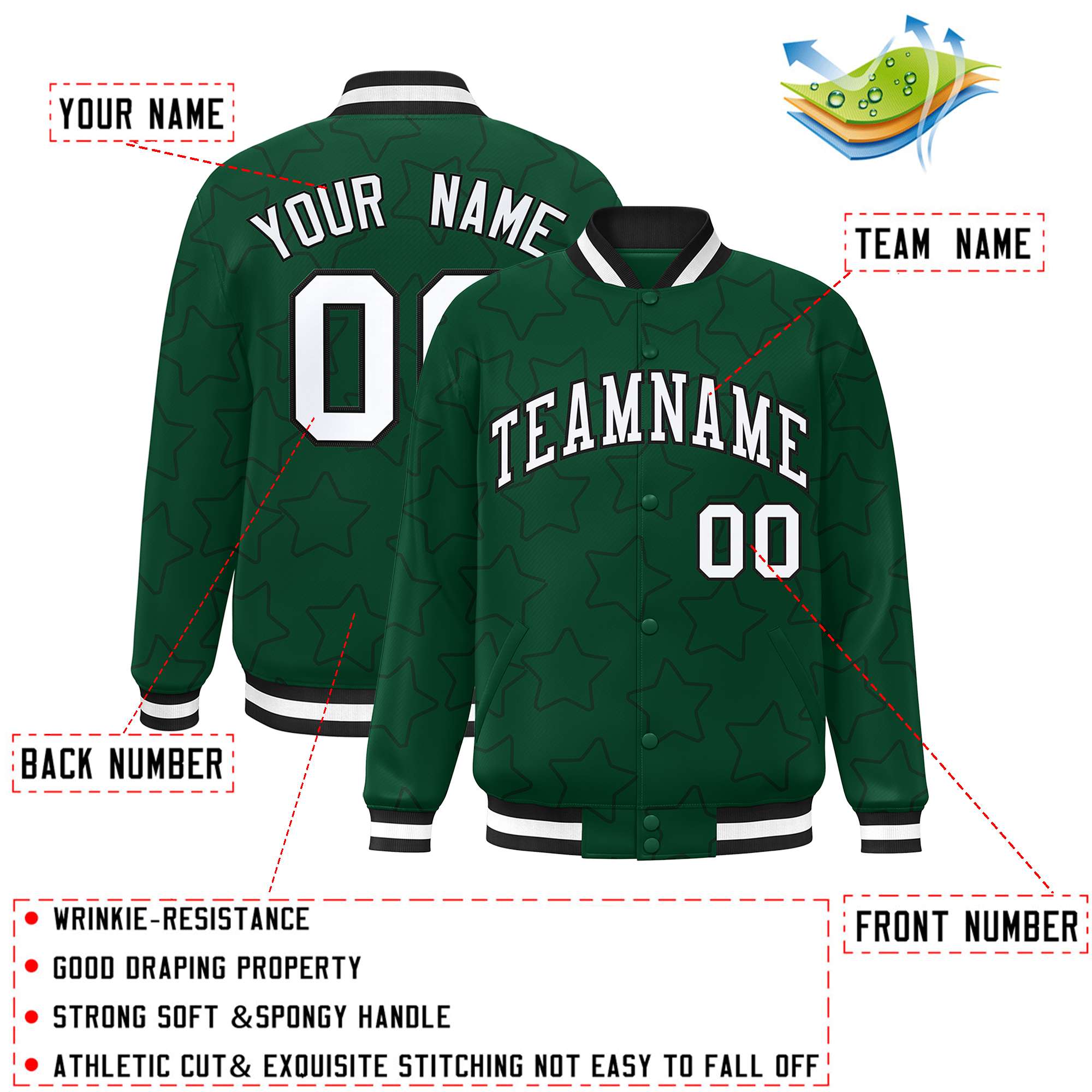 Custom Green Black Varsity Full-Snap Star Pattern Letterman Baseball Jacket