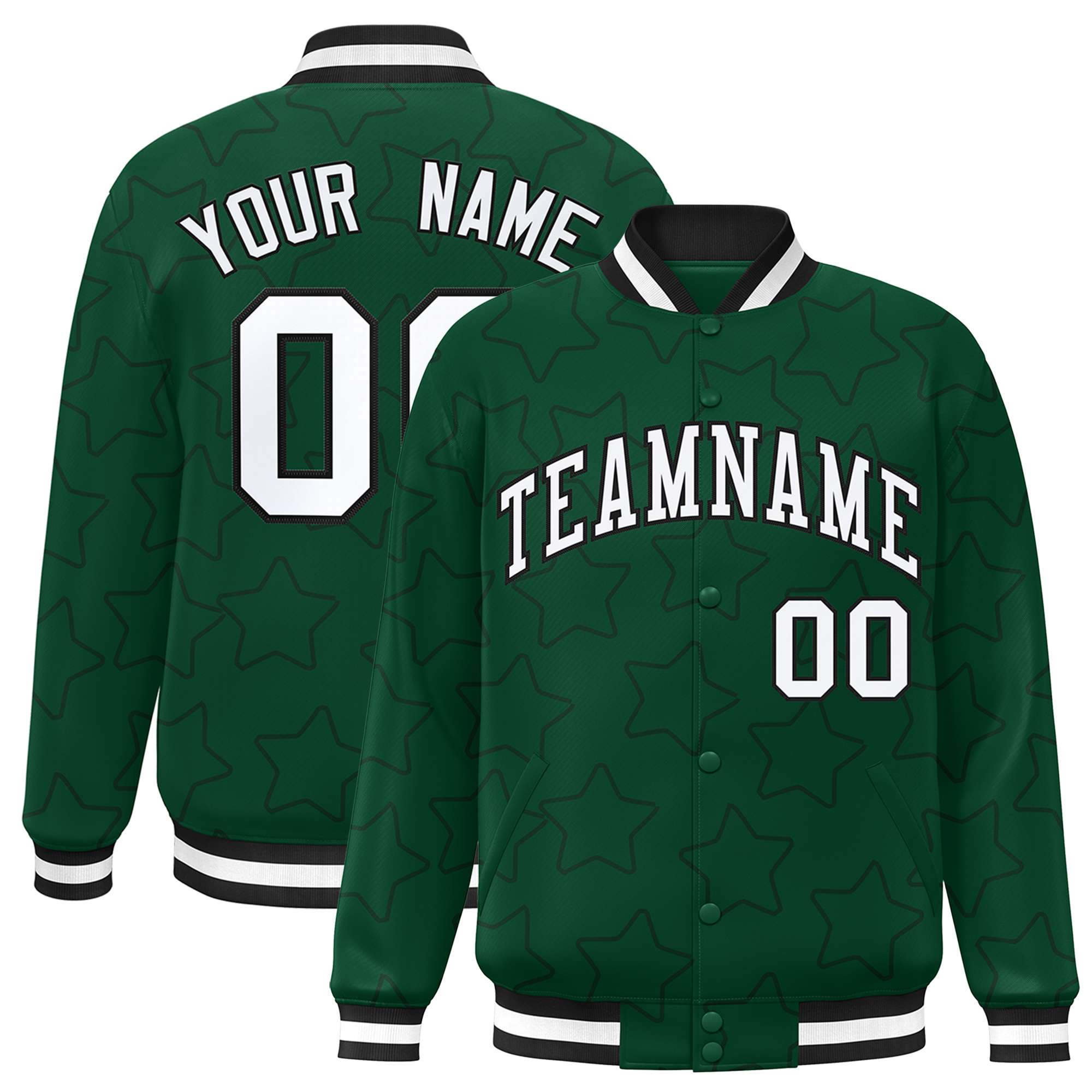 Custom Green Black Varsity Full-Snap Star Pattern Letterman Baseball Jacket