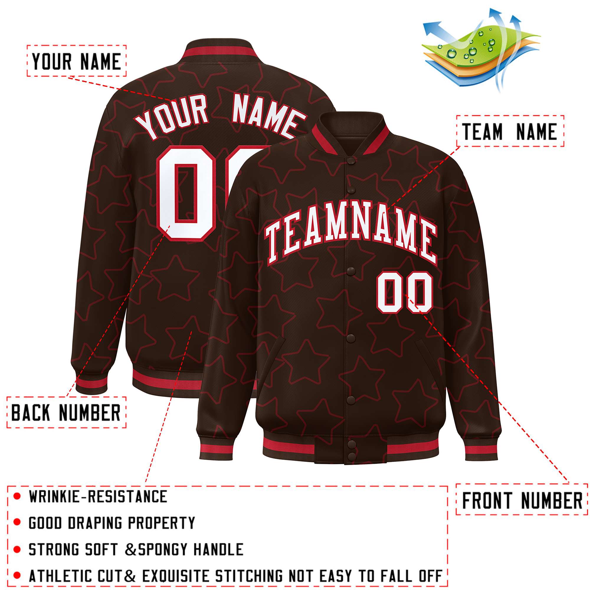 Custom Brown Red Varsity Full-Snap Star Pattern Letterman Baseball Jacket