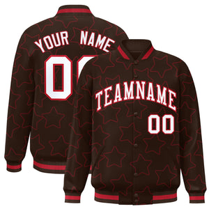 Custom Brown Red Varsity Full-Snap Star Pattern Letterman Baseball Jacket