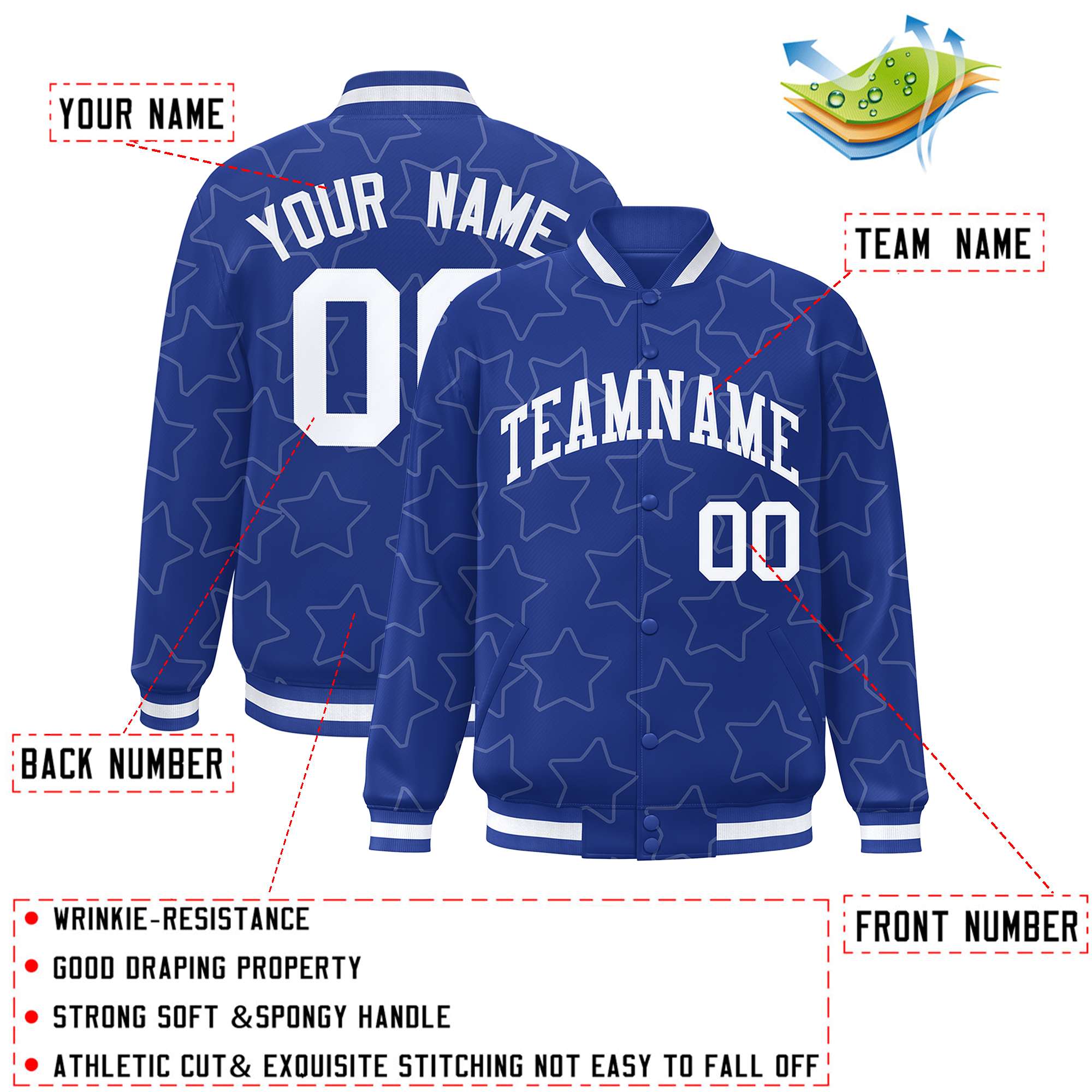 Custom Royal White Varsity Full-Snap Star Pattern Letterman Baseball Jacket