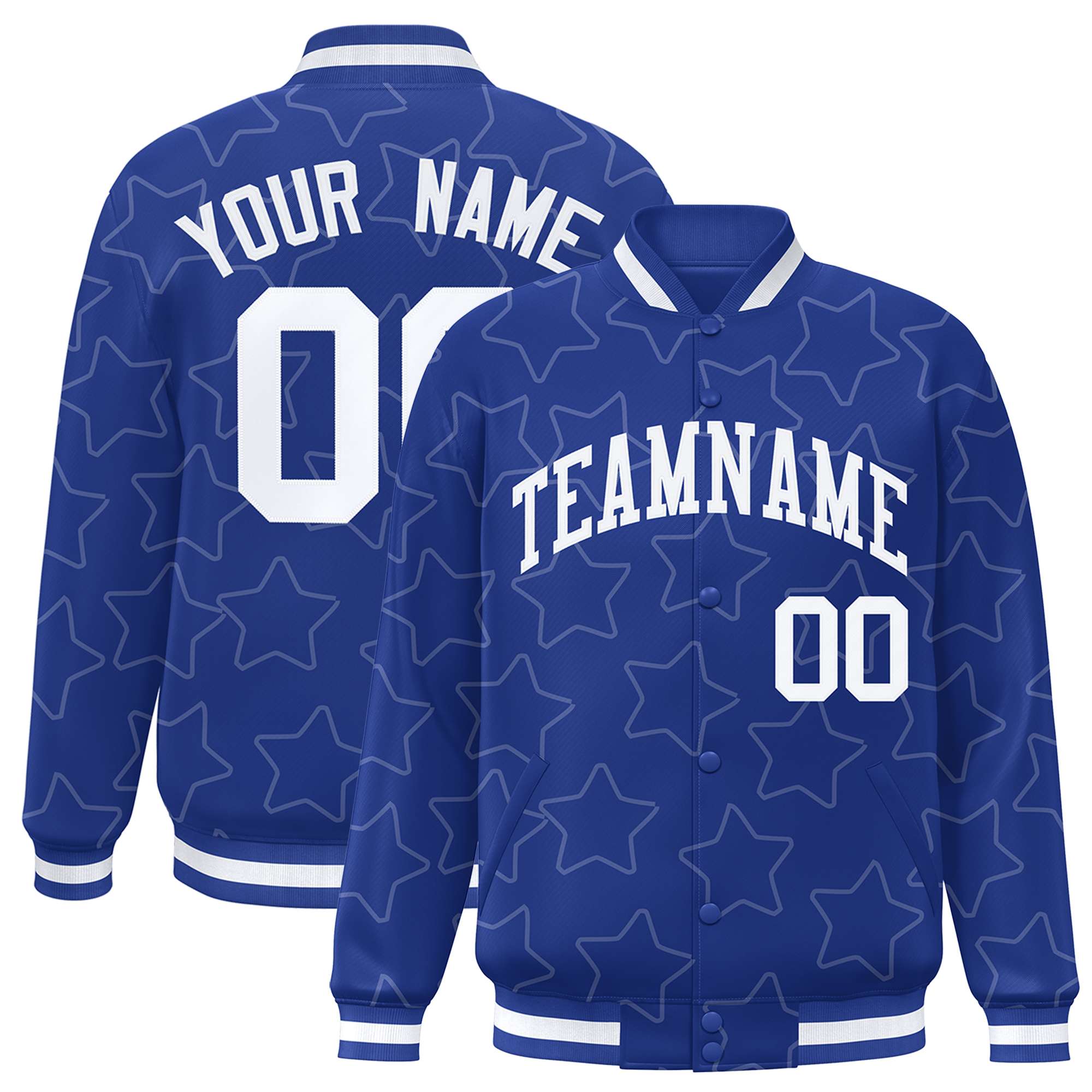 Custom Royal White Varsity Full-Snap Star Pattern Letterman Baseball Jacket