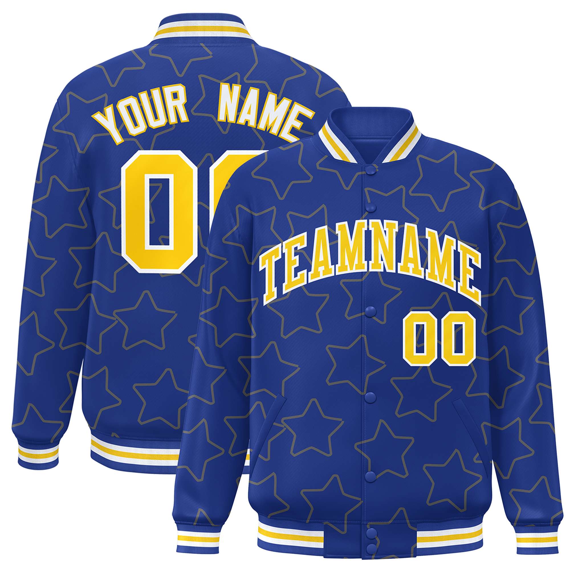 Custom Royal Gold Varsity Full-Snap Star Pattern Letterman Baseball Jacket