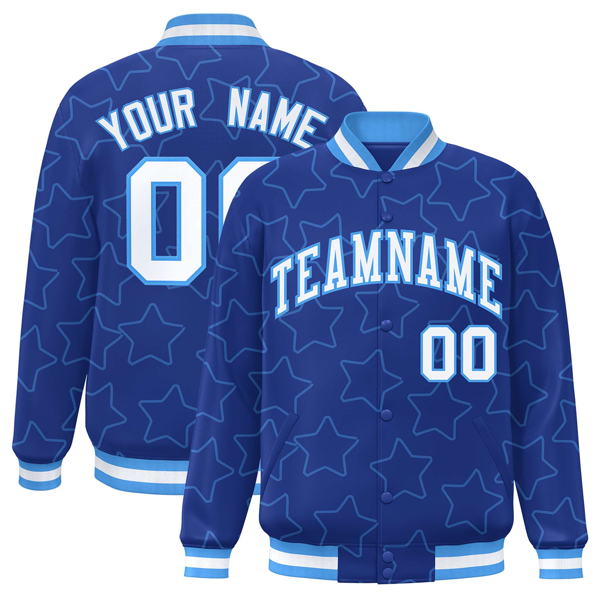 Custom Royal Powder Blue Varsity Full-Snap Star Pattern Letterman Baseball Jacket