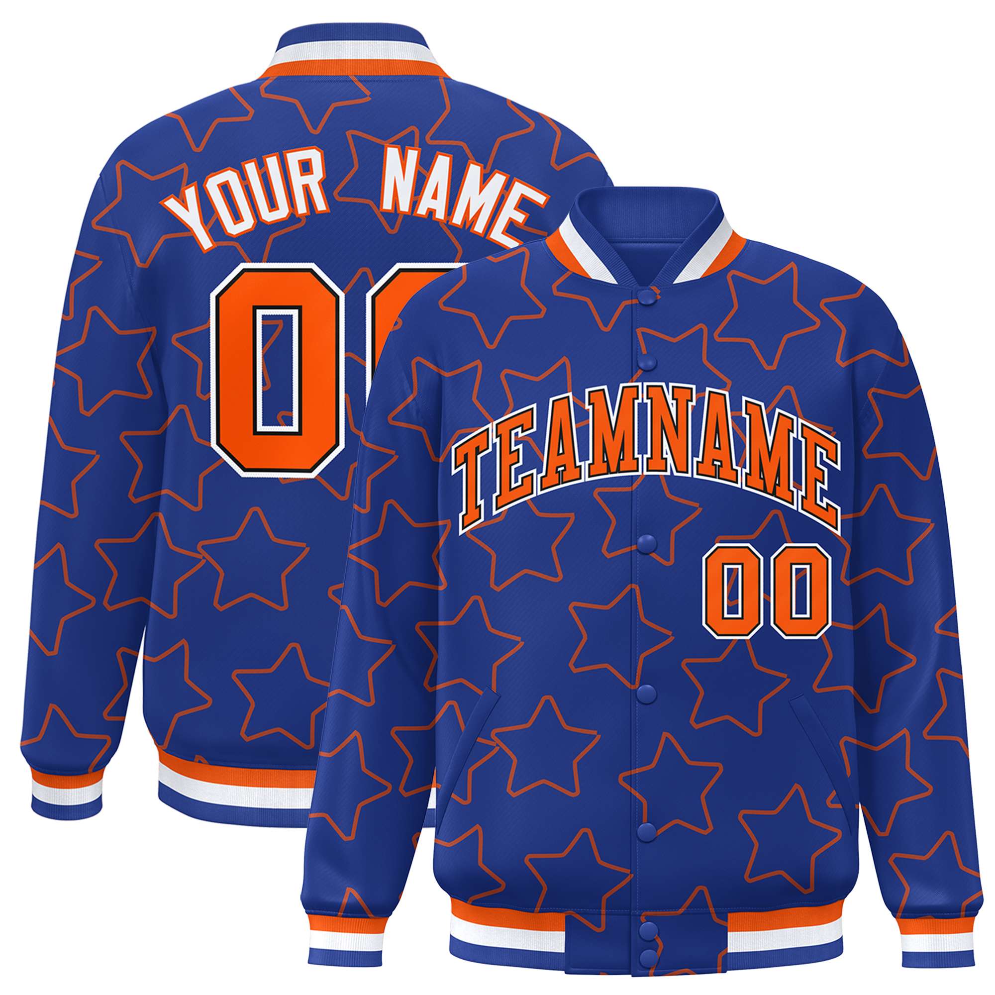 Custom Royal Orange Varsity Full-Snap Star Pattern Letterman Baseball Jacket