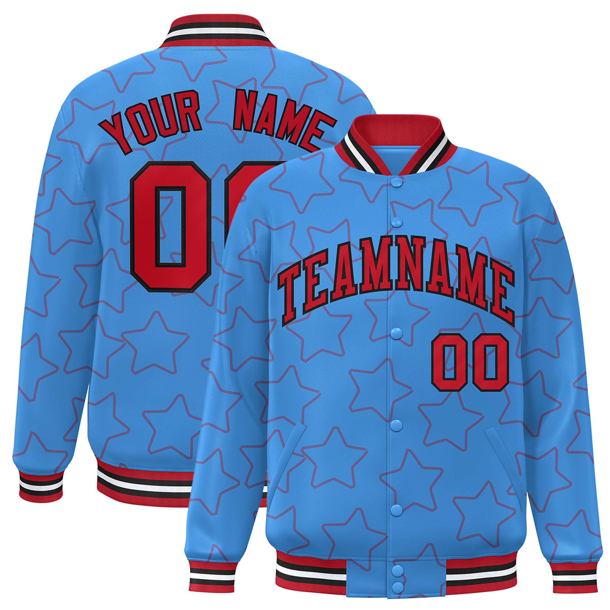 Custom Powder Blue Red Varsity Full-Snap Star Pattern Letterman Baseball Jacket