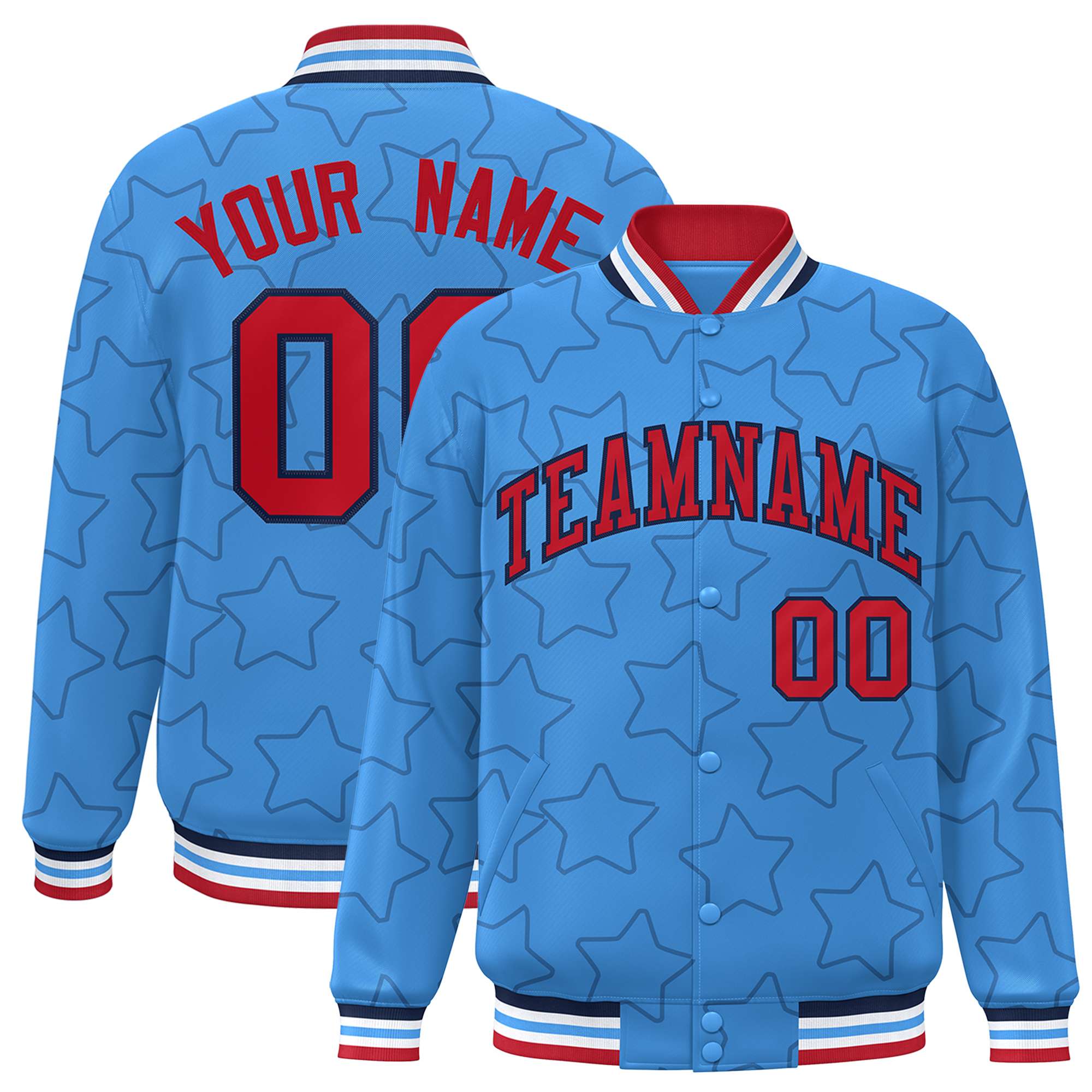 Custom Powder Blue Navy Varsity Full-Snap Star Pattern Letterman Baseball Jacket