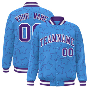 Custom Powder Blue Purple Varsity Full-Snap Star Pattern Letterman Baseball Jacket