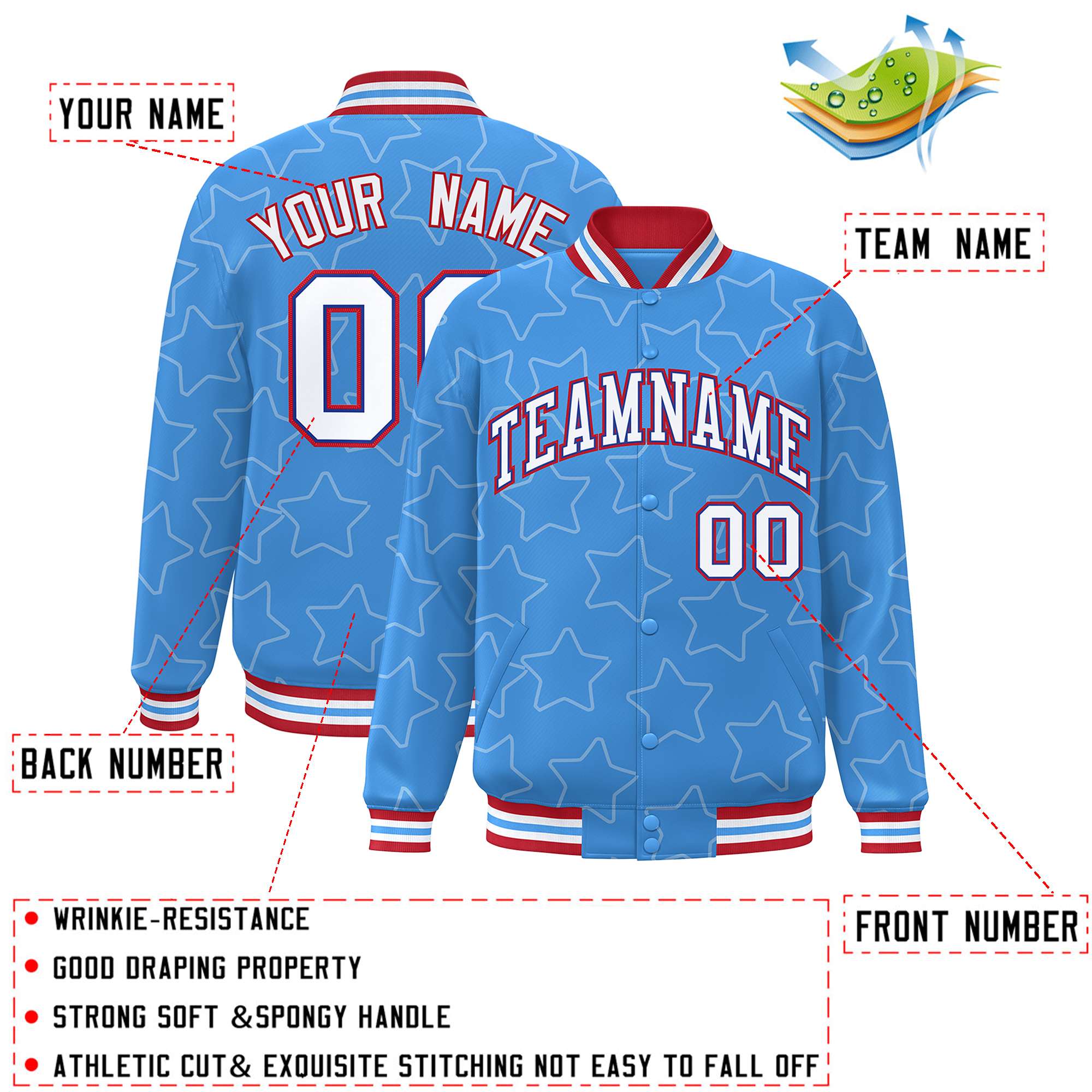 Custom Powder Blue White Varsity Full-Snap Star Pattern Letterman Baseball Jacket