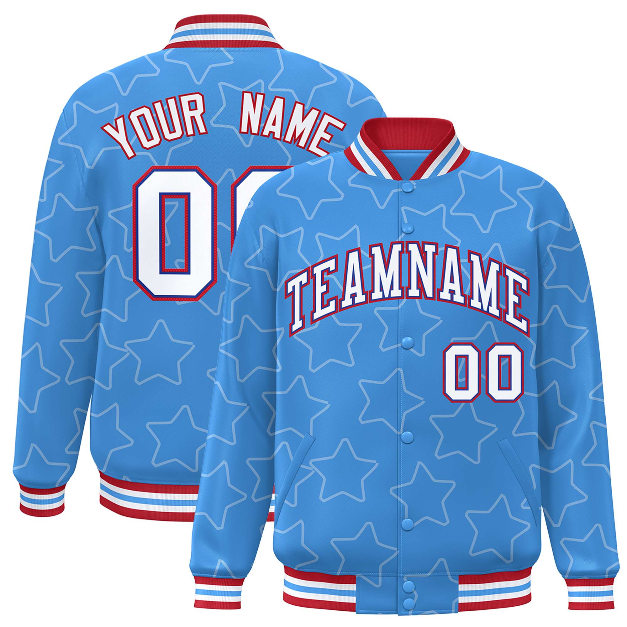 Custom Powder Blue White Varsity Full-Snap Star Pattern Letterman Baseball Jacket