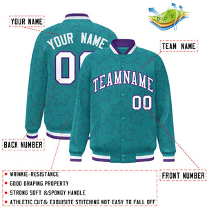 Custom Aqua Purple Varsity Full-Snap Star Pattern Letterman Baseball Jacket