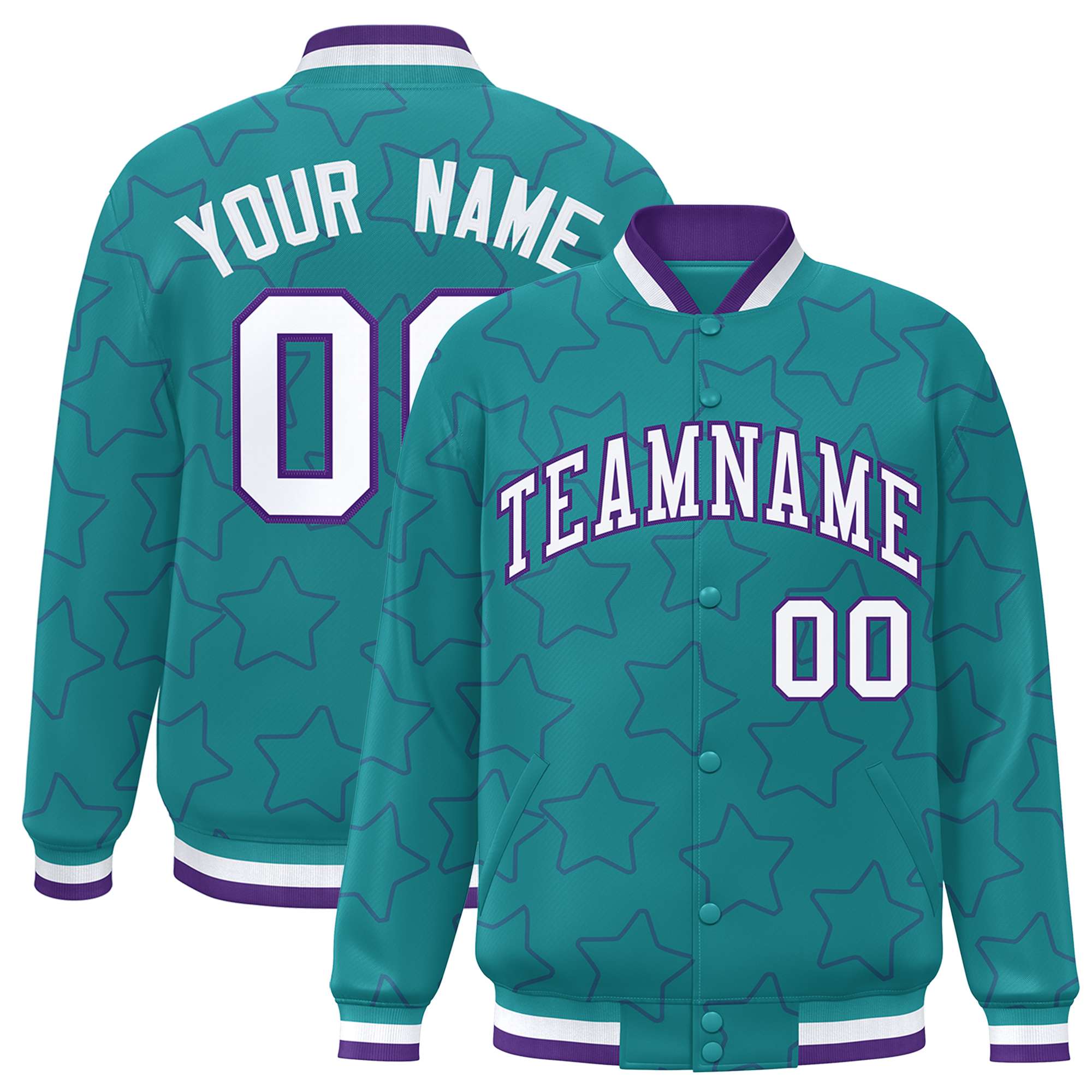 Custom Aqua Purple Varsity Full-Snap Star Pattern Letterman Baseball Jacket