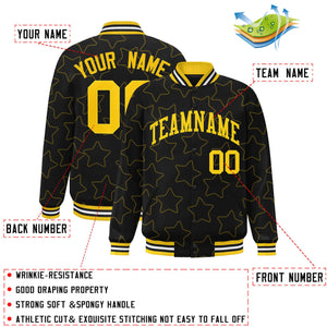 Custom Black Gold Varsity Full-Snap Star Pattern Letterman Baseball Jacket