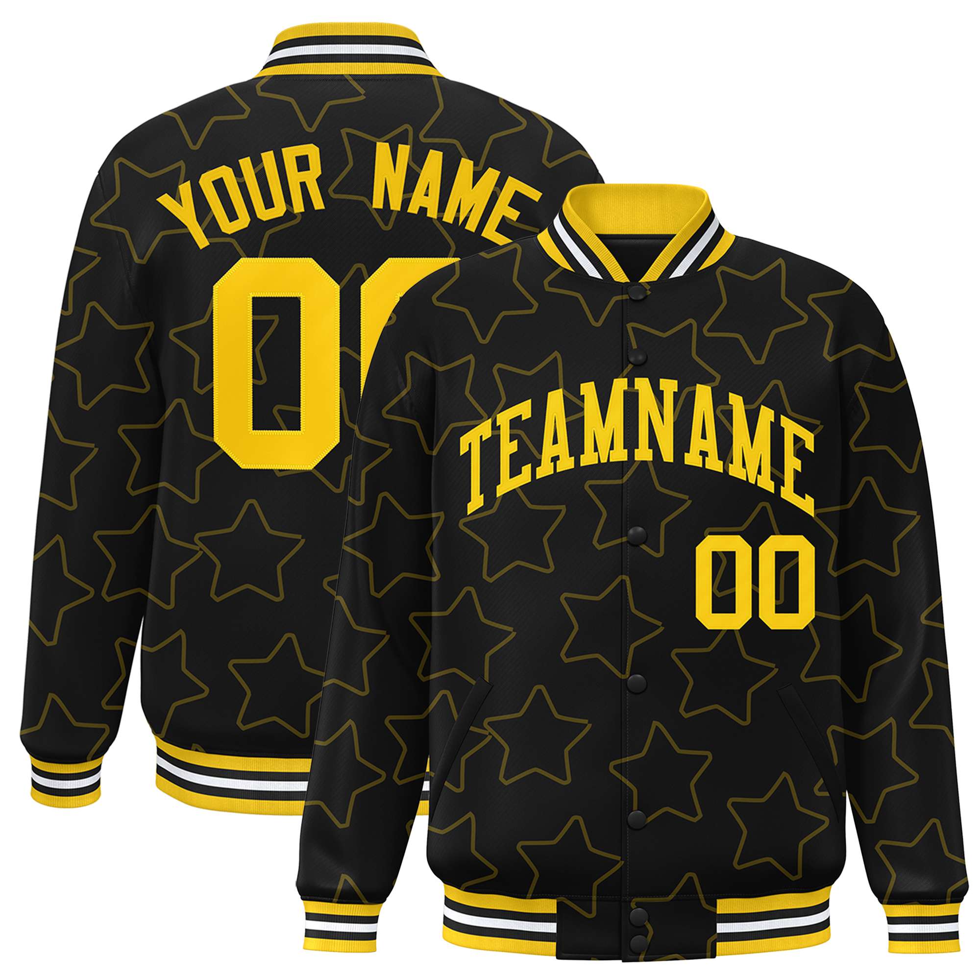 Custom Black Gold Varsity Full-Snap Star Pattern Letterman Baseball Jacket