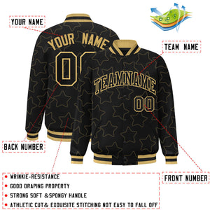 Custom Black Old Gold Varsity Full-Snap Star Pattern Letterman Baseball Jacket