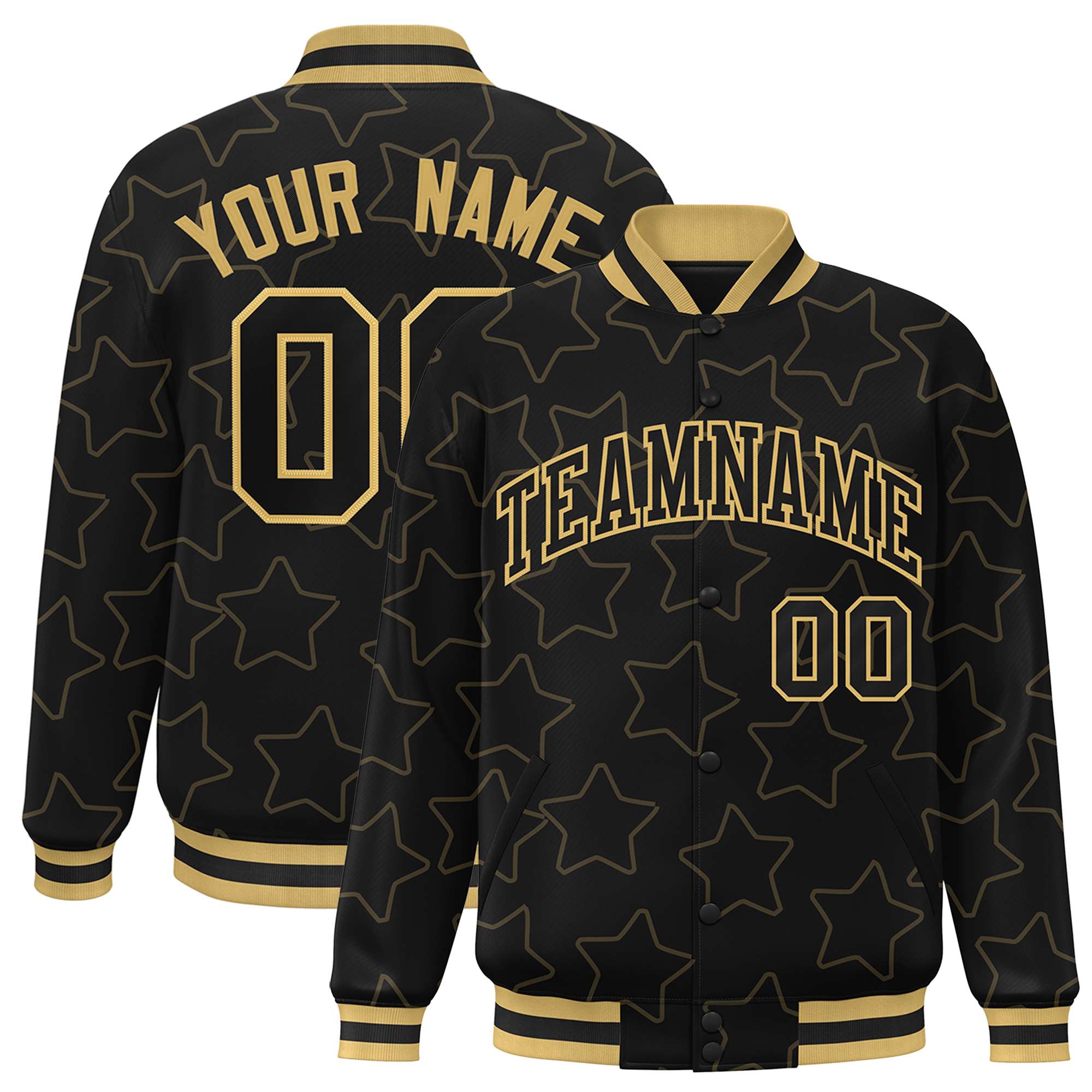 Custom Black Old Gold Varsity Full-Snap Star Pattern Letterman Baseball Jacket