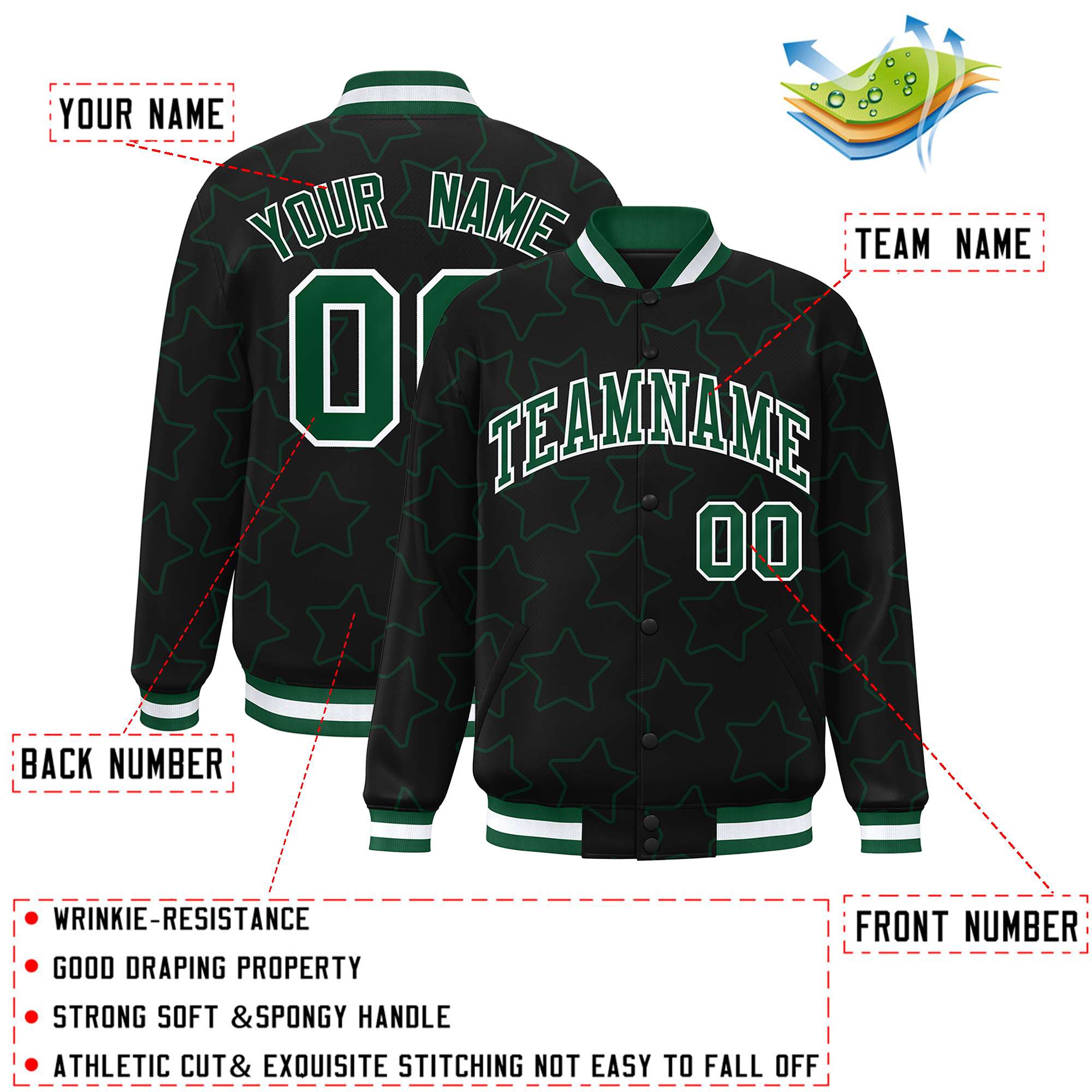 Custom Black Green Varsity Full-Snap Star Pattern Letterman Baseball Jacket