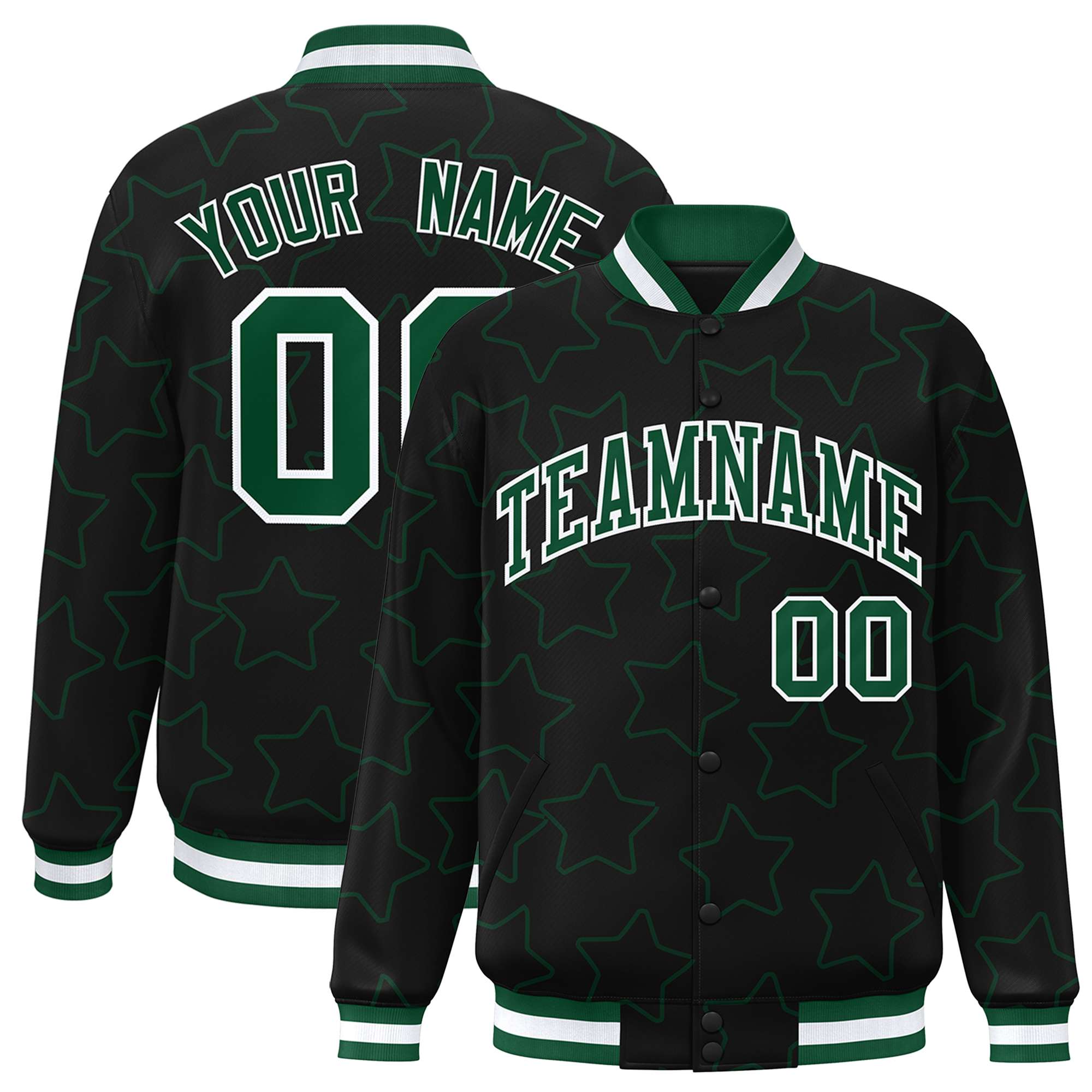 Custom Black Green Varsity Full-Snap Star Pattern Letterman Baseball Jacket