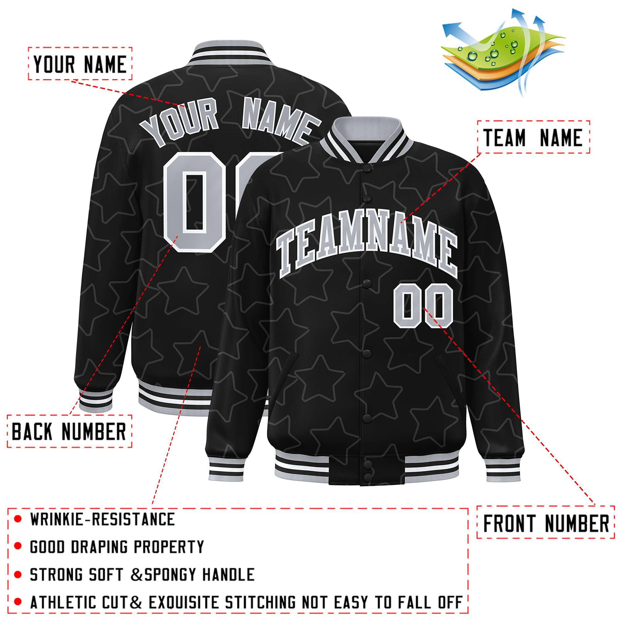 Custom Black Gray Varsity Full-Snap Star Pattern Letterman Baseball Jacket