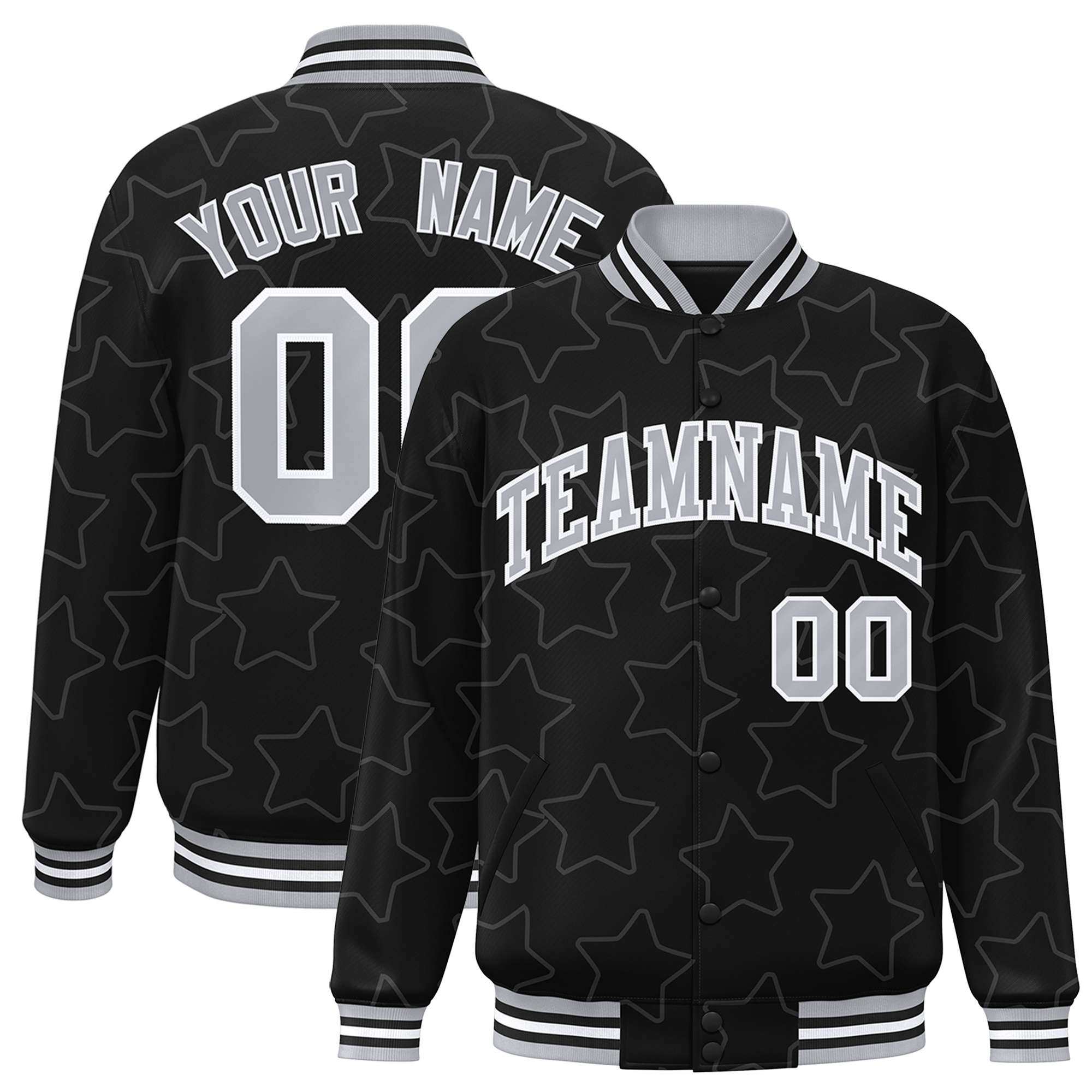 Custom Black Gray Varsity Full-Snap Star Pattern Letterman Baseball Jacket