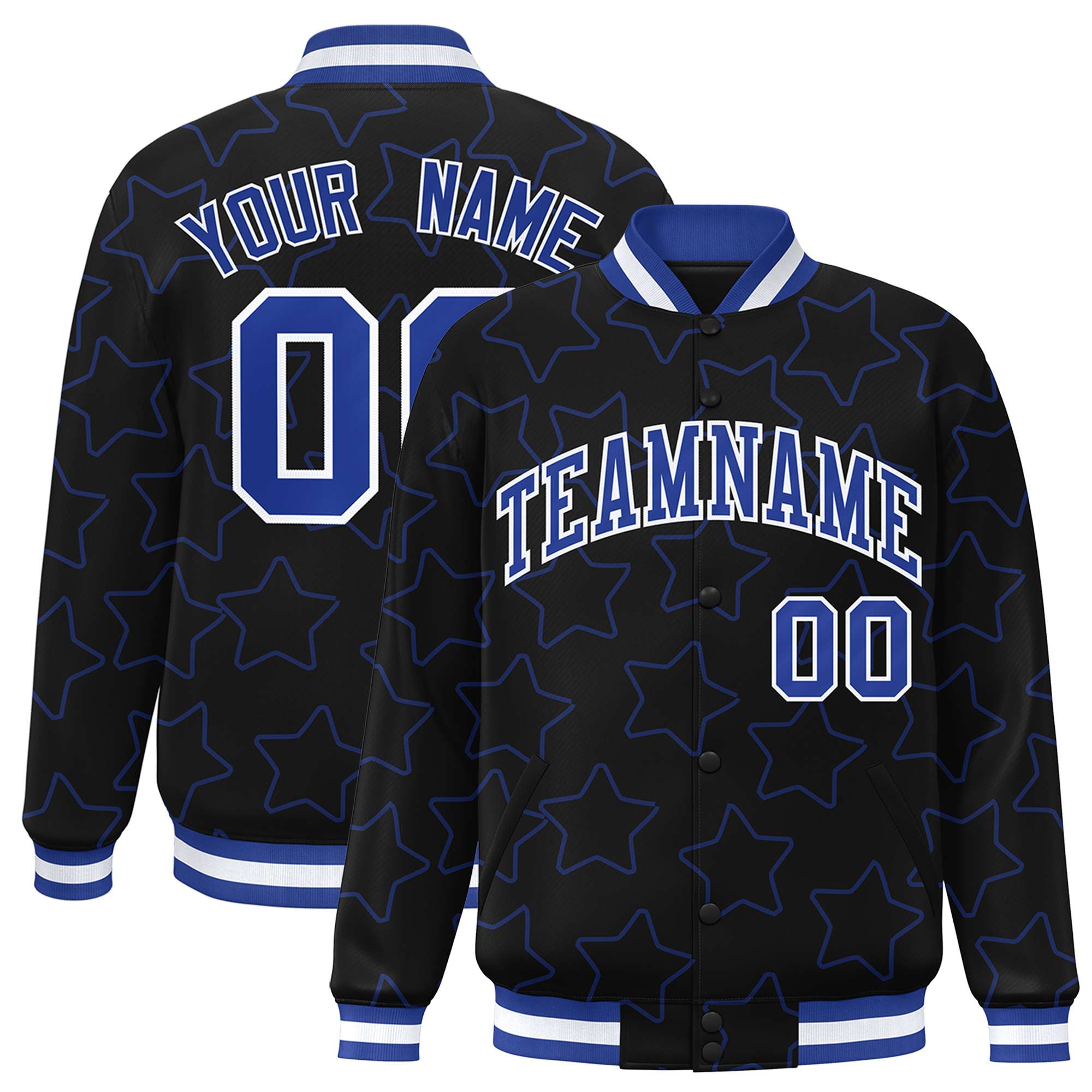 Custom Black Royal Varsity Full-Snap Star Pattern Letterman Baseball Jacket