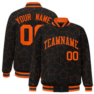 Custom Black Orange Varsity Full-Snap Star Pattern Letterman Baseball Jacket