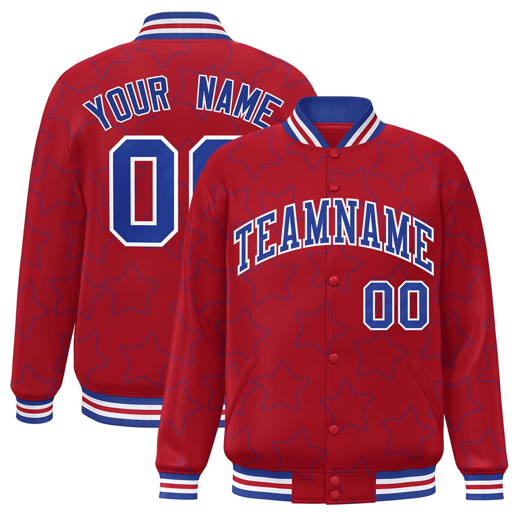 Custom Red Royal Varsity Full-Snap Star Pattern Letterman Baseball Jacket