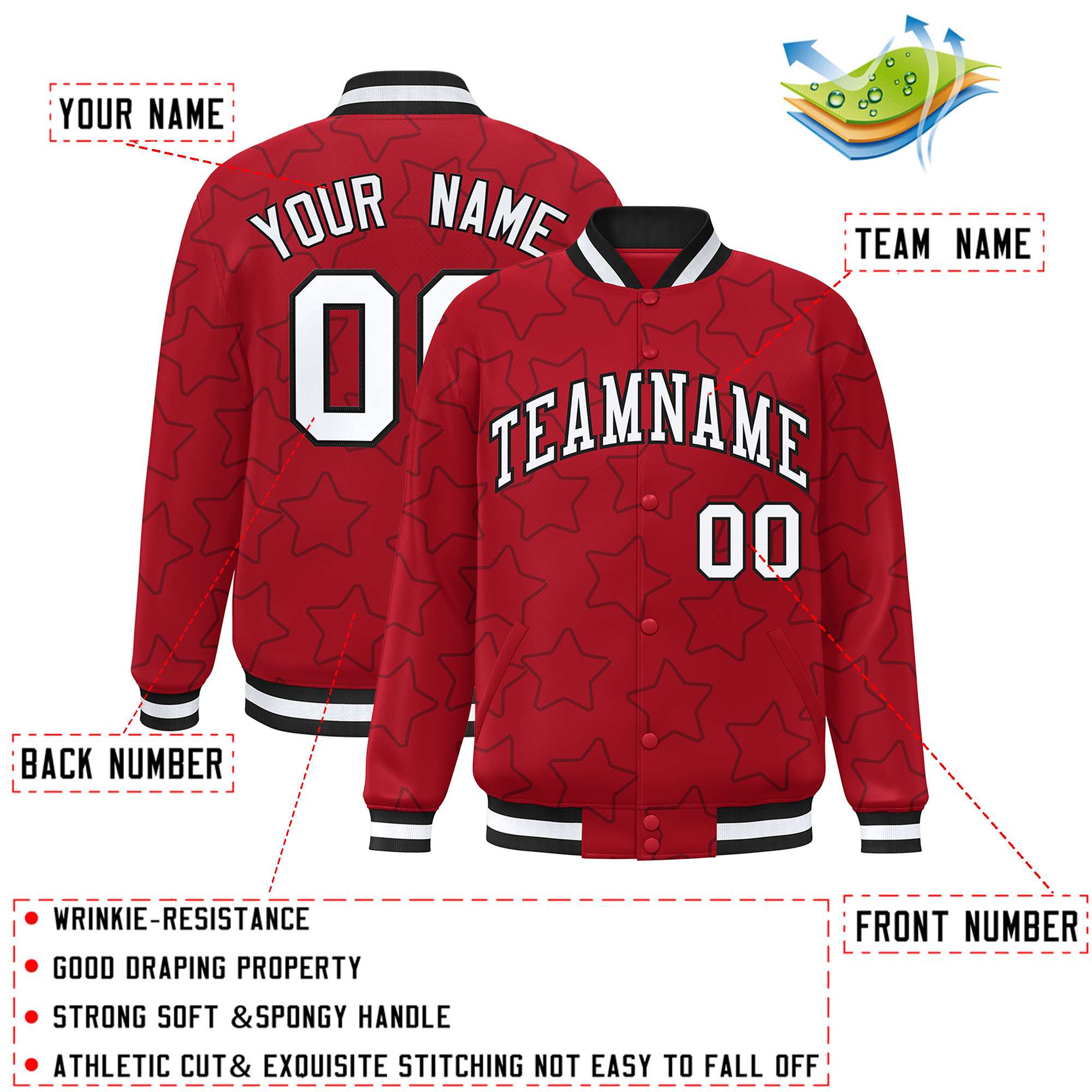 Custom Red Black Varsity Full-Snap Star Pattern Letterman Baseball Jacket