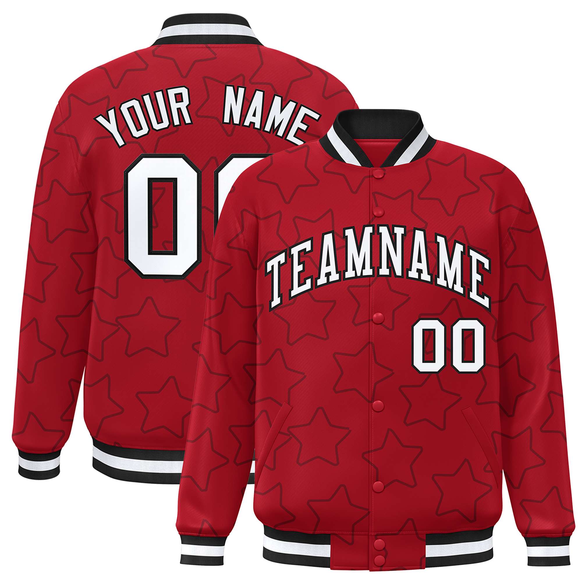 Custom Red Black Varsity Full-Snap Star Pattern Letterman Baseball Jacket