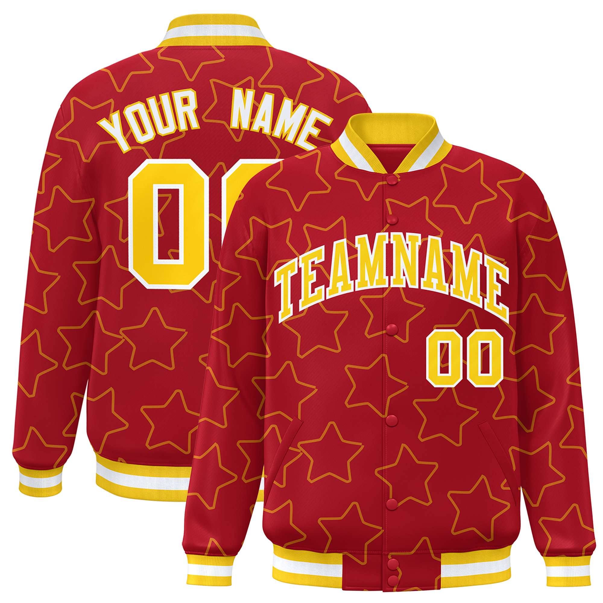 Custom Red Gold Varsity Full-Snap Star Pattern Letterman Baseball Jacket