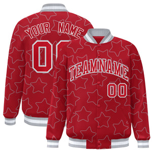 Custom Red Gray Varsity Full-Snap Star Pattern Letterman Baseball Jacket