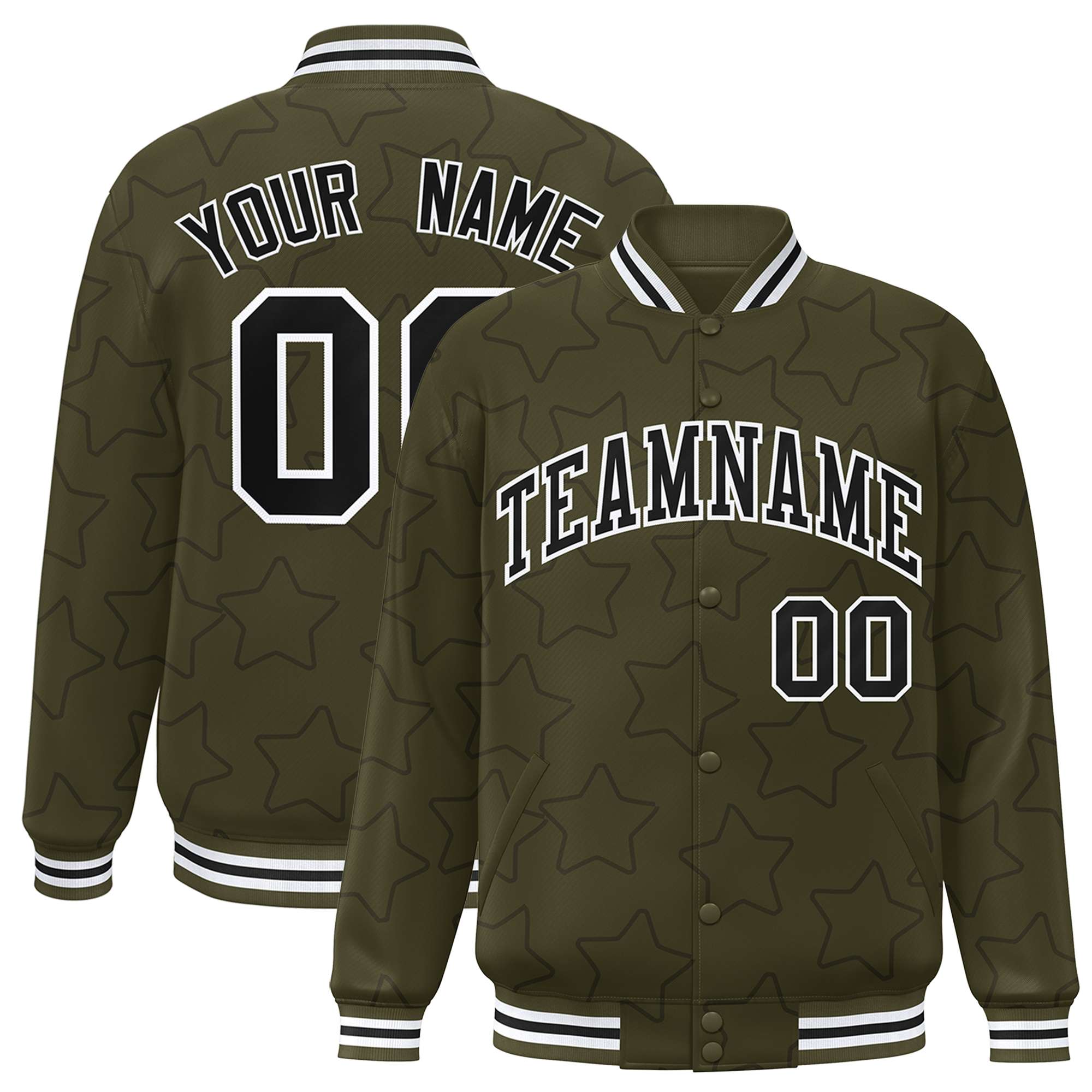 Custom Olive Black Varsity Full-Snap Star Pattern Letterman Baseball Jacket