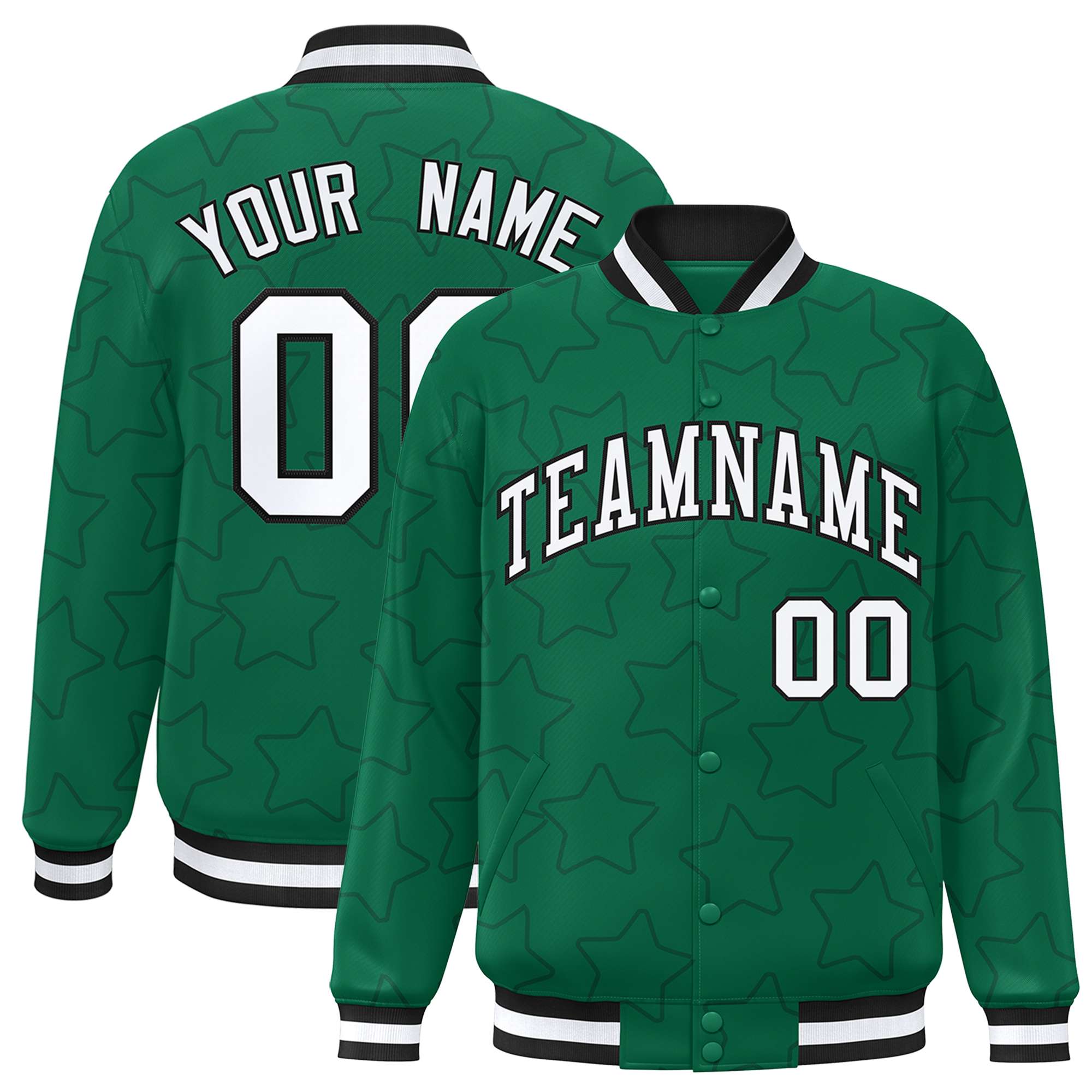 Custom Kelly Green Black Varsity Full-Snap Star Pattern Letterman Baseball Jacket