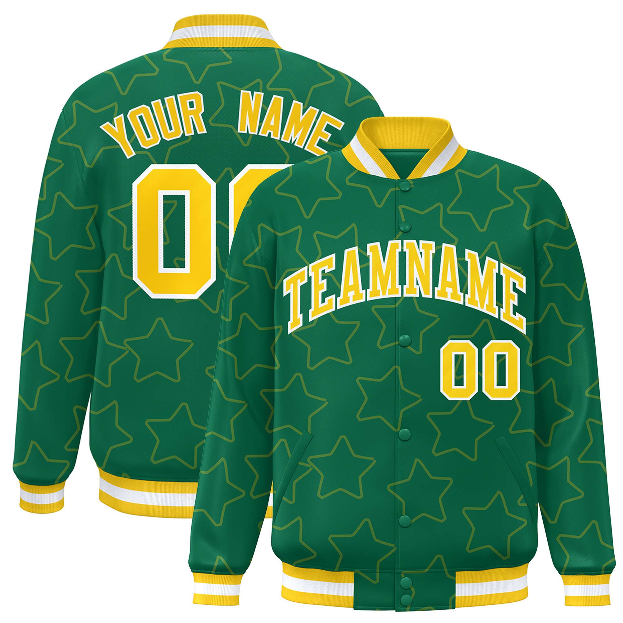 Custom Kelly Green Gold Varsity Full-Snap Star Pattern Letterman Baseball Jacket