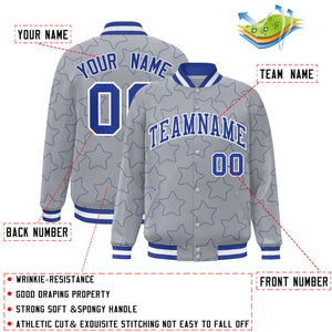 Custom Gray Royal Varsity Full-Snap Star Pattern Letterman Baseball Jacket