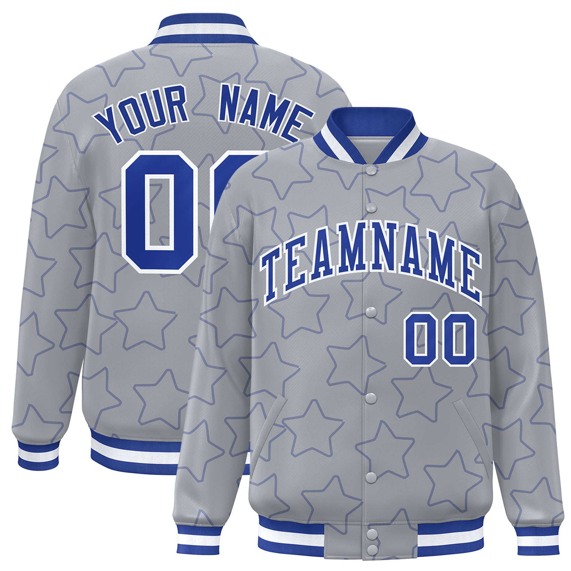 Custom Gray Royal Varsity Full-Snap Star Pattern Letterman Baseball Jacket