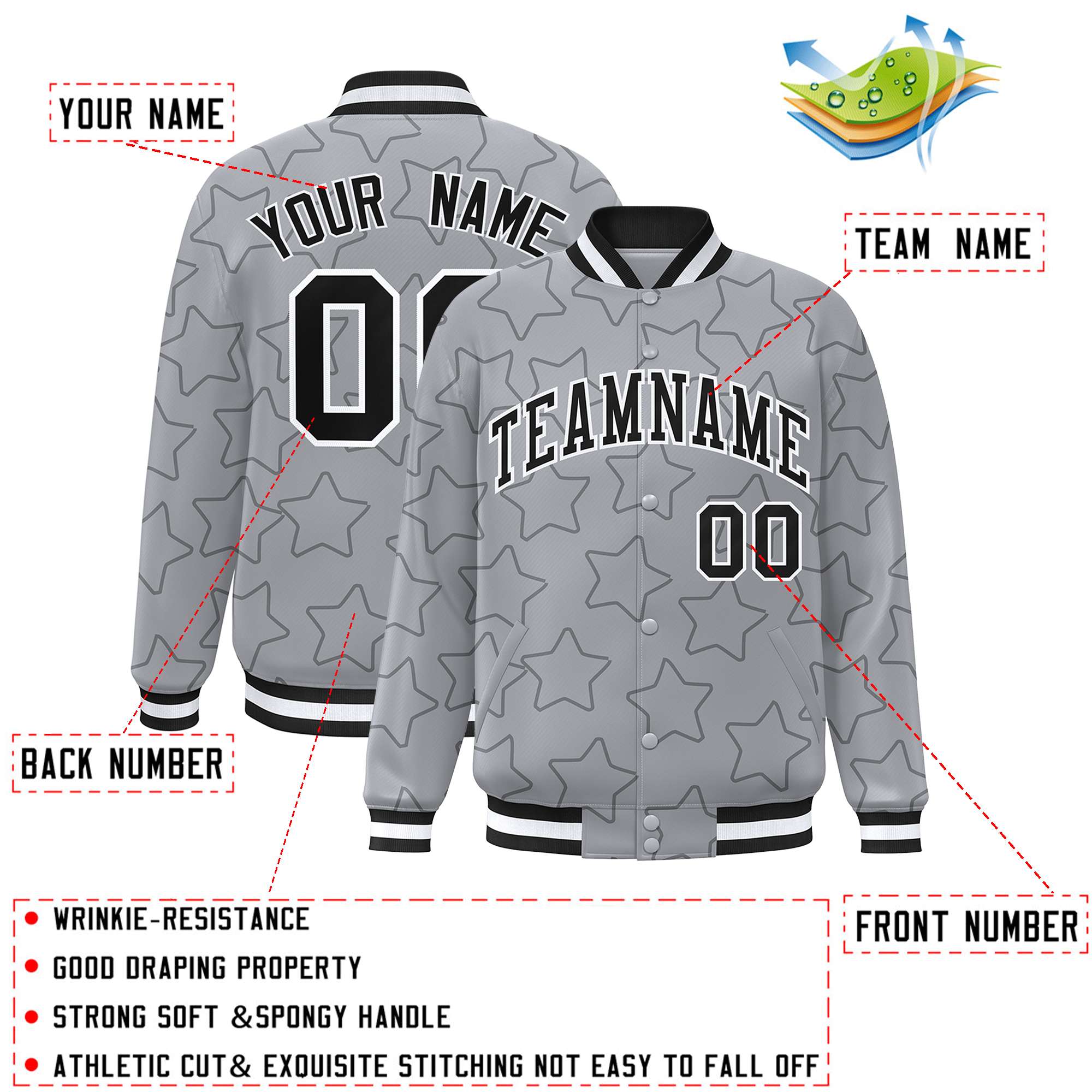 Custom Gray Black Varsity Full-Snap Star Pattern Letterman Baseball Jacket